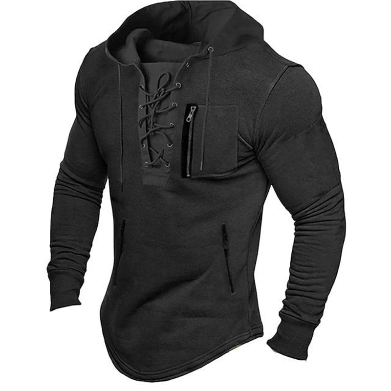 2024 Men Autumn Spring Top Lace Up Drawstring Solid Color Long Sleeve