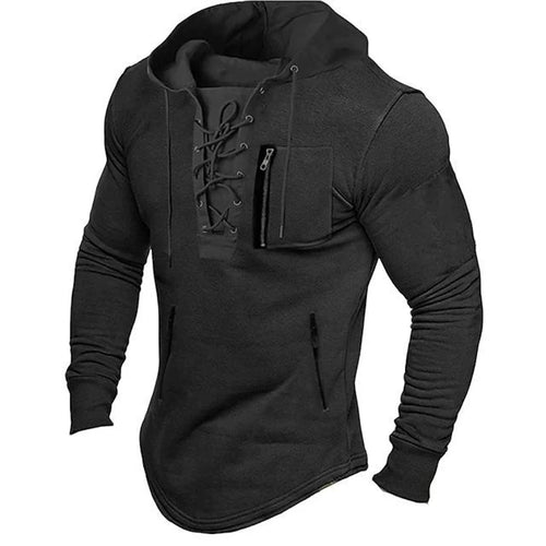 2024 Men Autumn Spring Top Lace Up Drawstring Solid Color Long Sleeve