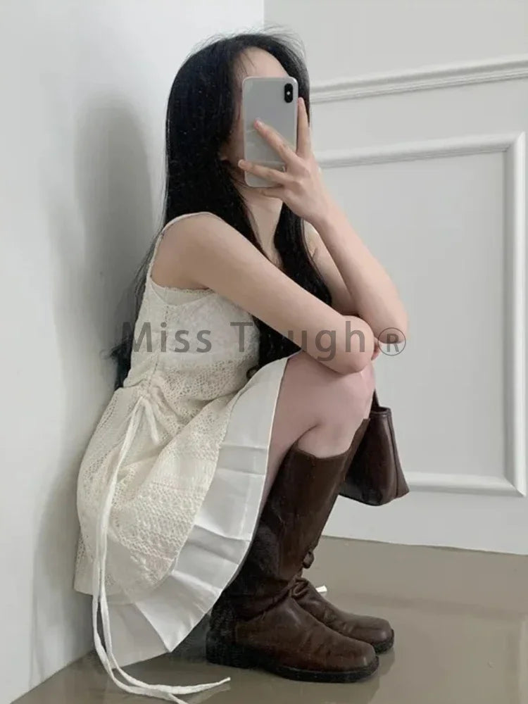 Summer Elegant New One Piece Dress Women Chic French Lace Sling Shirt