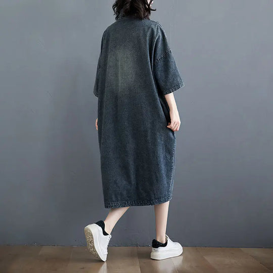 Fashion Lapel Button Pockets Loose Denim Casual Dresses Female Clothing 2024 Summer New Oversized All-match Midi Dress