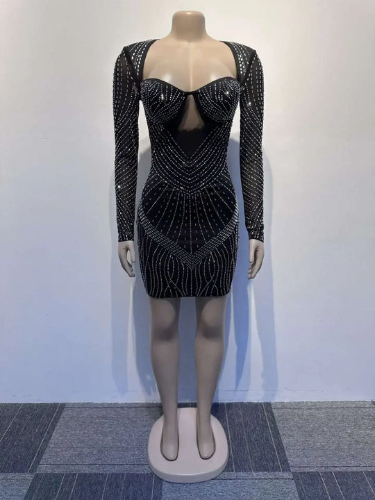 Sexy Bodycon Dress Women Long Sleeve Hollow Out Dress High Waist Low