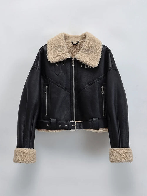 Ailegogo Winter Women Streetwear Faux Lamb Leather Fur Short Jacket