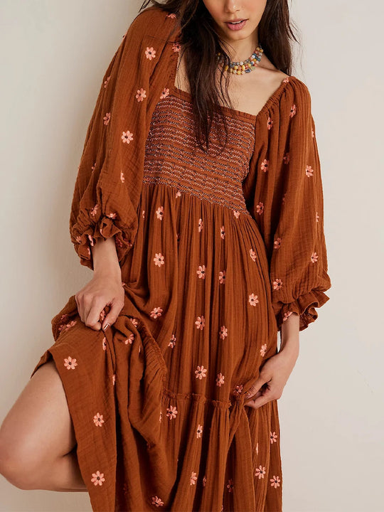 Women's Flower Embroidered Long Dress Bodycon Lantern Sleeve Square