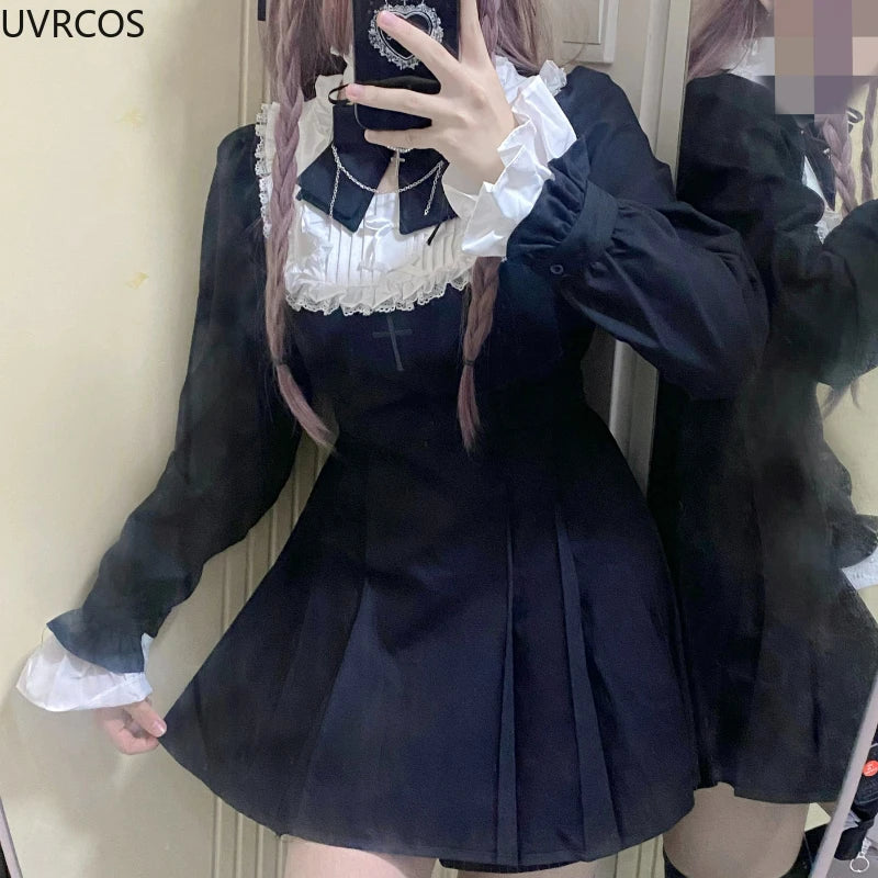Japanese Punk Style Y2k Lolita OP Dress Women Vintage Elegant Ruffle