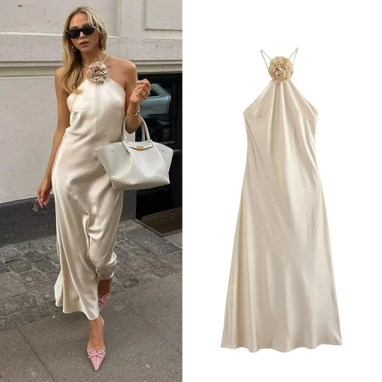 TRAF Flower Halter Dress Woman Off Shoulder Satin Long Dress Women