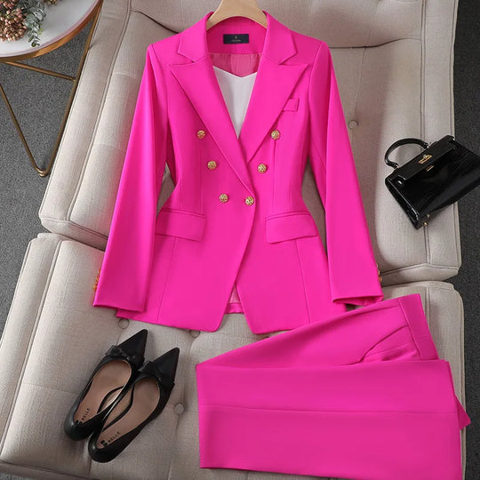 Fashion Office Ladies Formal Pant Suit Set Women Blue Pink Yellow