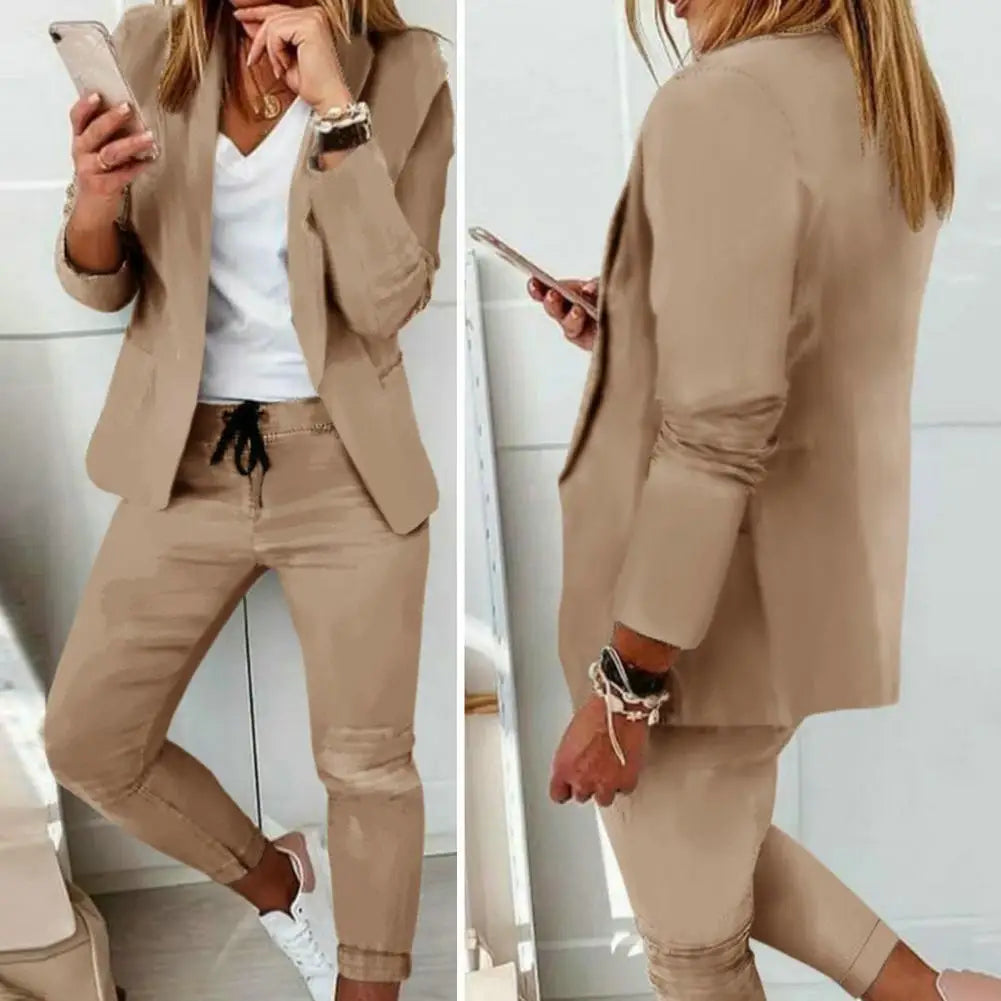 Plaid Splice Slim Fit Jacket Blazer Casual Wide Leg Pants Two Piece