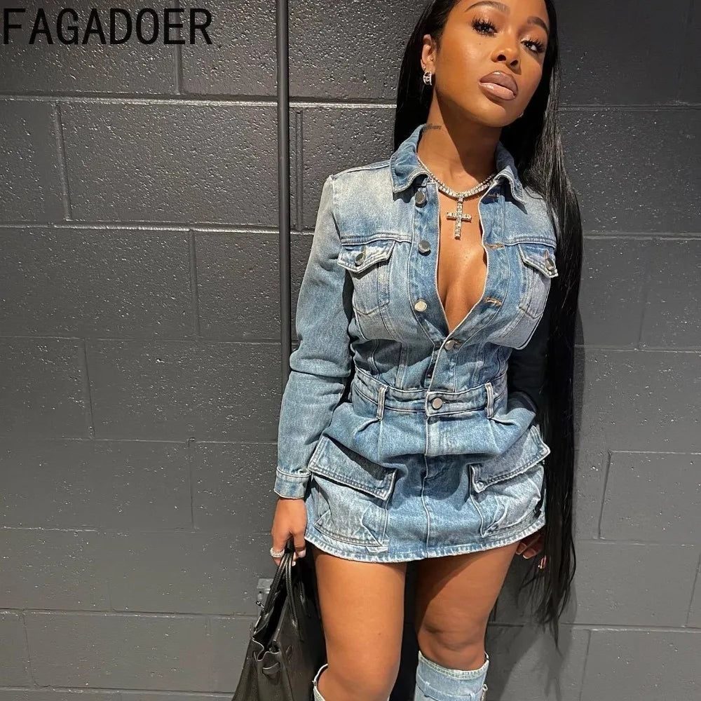 FAGADOER Fashion Button Long Sleeve Denim Mini Dress Women Turndown