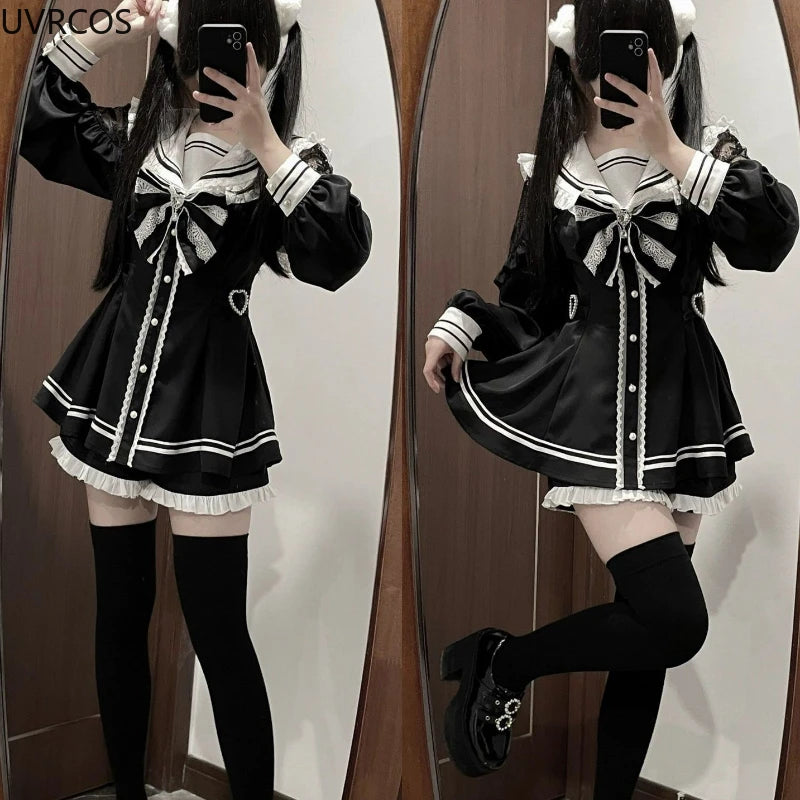 Japanese Style Gothic Y2k Lolita Bow Dress Shorts Set Women Vintage