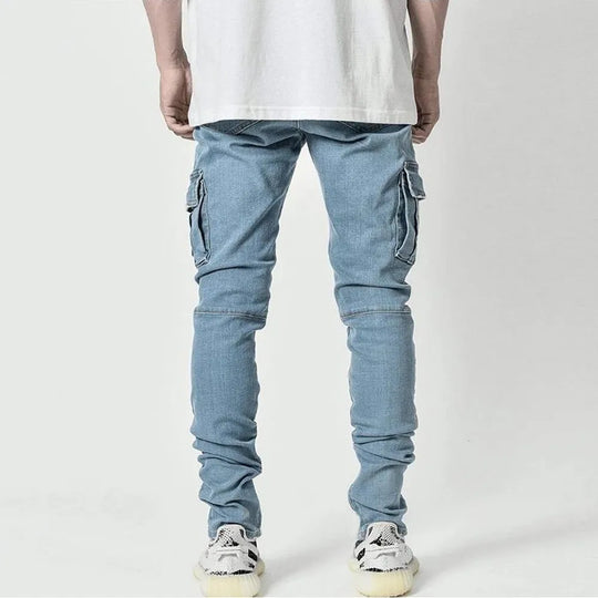 Street Elastic Jeans Men Denim Cargo Pants Wash Solid Color Multi