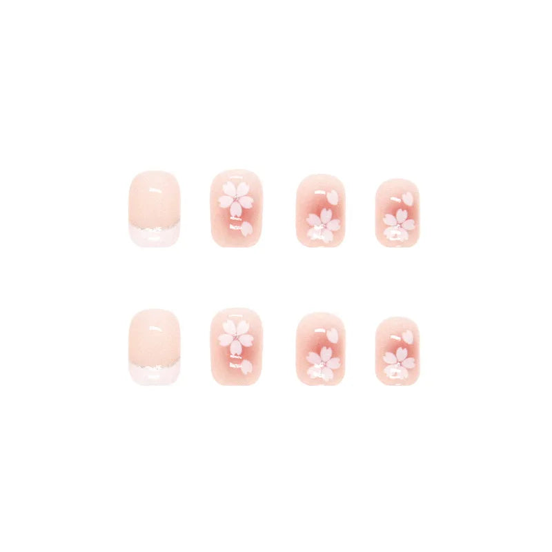 24pcs/set short saure fake nails for Spring summer season french style flowers butterfly design press on false nail art tips