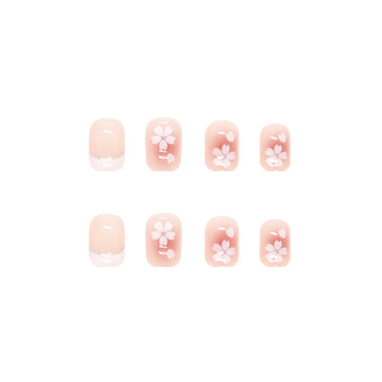 24pcs/set short saure fake nails for Spring summer season french style flowers butterfly design press on false nail art tips