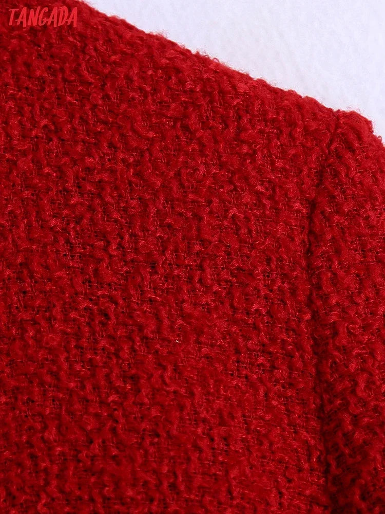 New Collection 2025 Women Vintage Red Tweed Blazer Female Long Sleeve