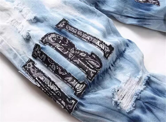 Y2K Star Embroidery Broken Hole Jeans Tie Dyed  Light Blue Cotton