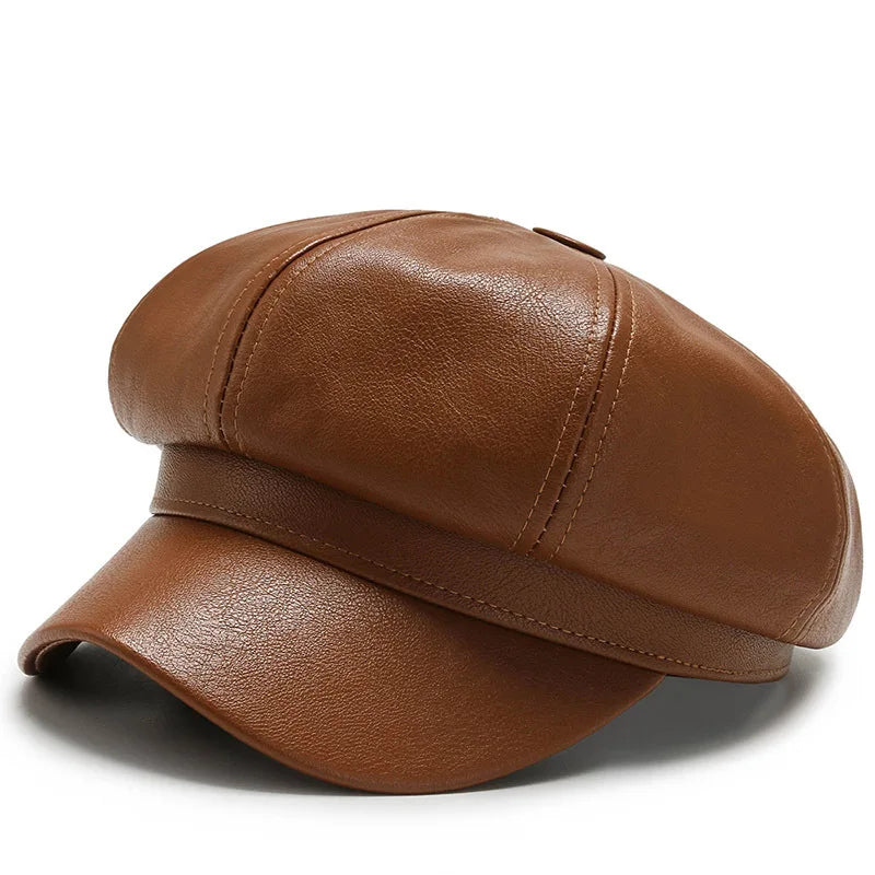 Women Men PU Leather Berets Hat Retro British Solid Beret Baseball Cap Outdoor Sun Hat Winter Warm Octagonal Hats Newsboy Caps