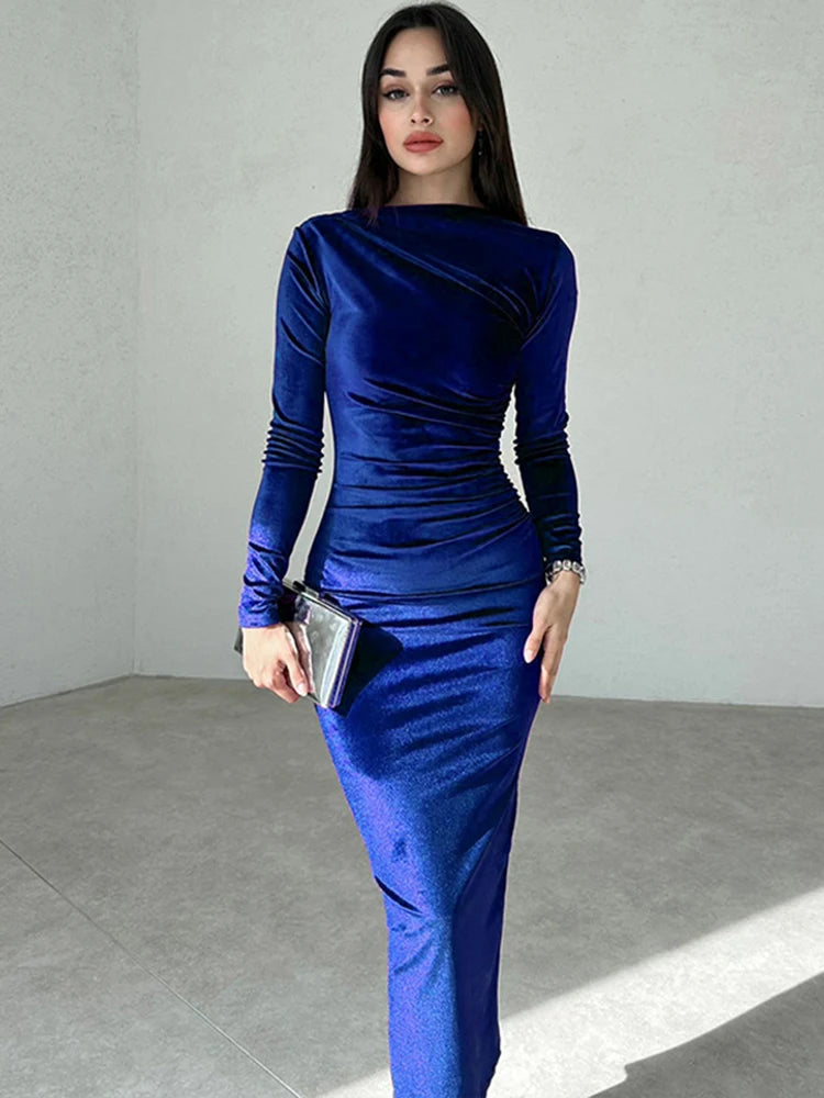 Dulzura Spring Summer Velvet Long Sleeve Midi Dress For Women