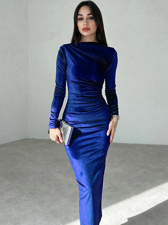 Dulzura Spring Summer Velvet Long Sleeve Midi Dress For Women