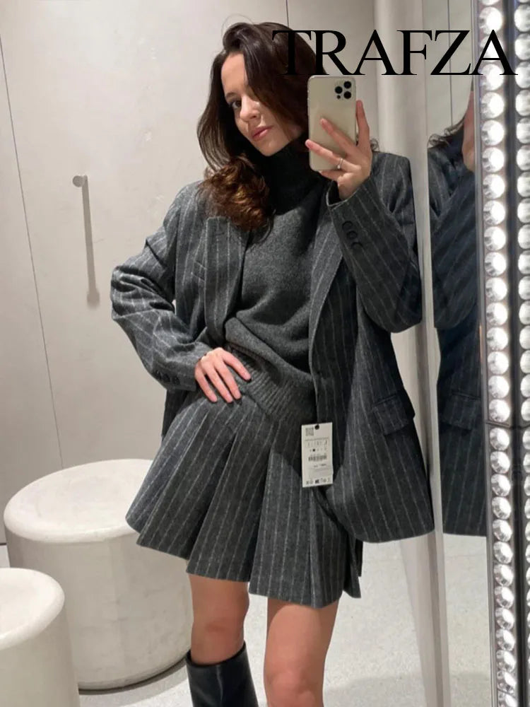 TRAFZA Spring 2 Piec Suits For Women V Neck Long Sleeves Single