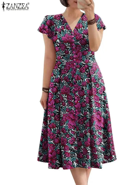 ZANZEA Elegant Women Floral Print Midi Dress Summer 2025 Casual