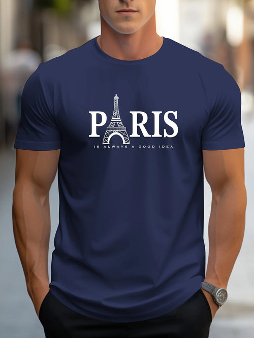Summer Men's T Shirt Short Sleeve Paris Pattern Print Casual O-Neck