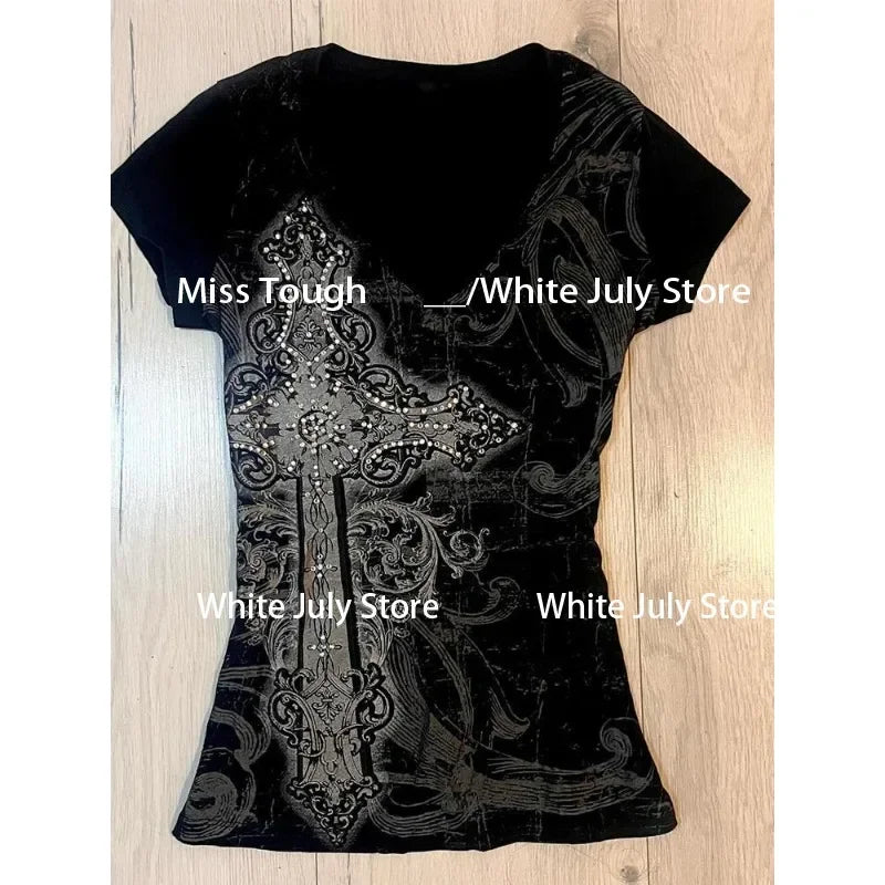 Black Vintage Gothic T-shirts Women Y2k Black Punk Graphic Hoodie