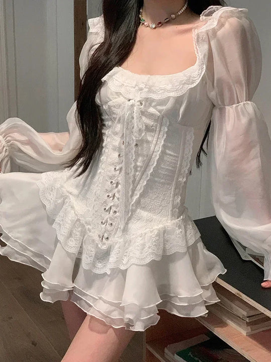White French Elegant Evening Party Dress Women Casual Sexy Lace Puffed