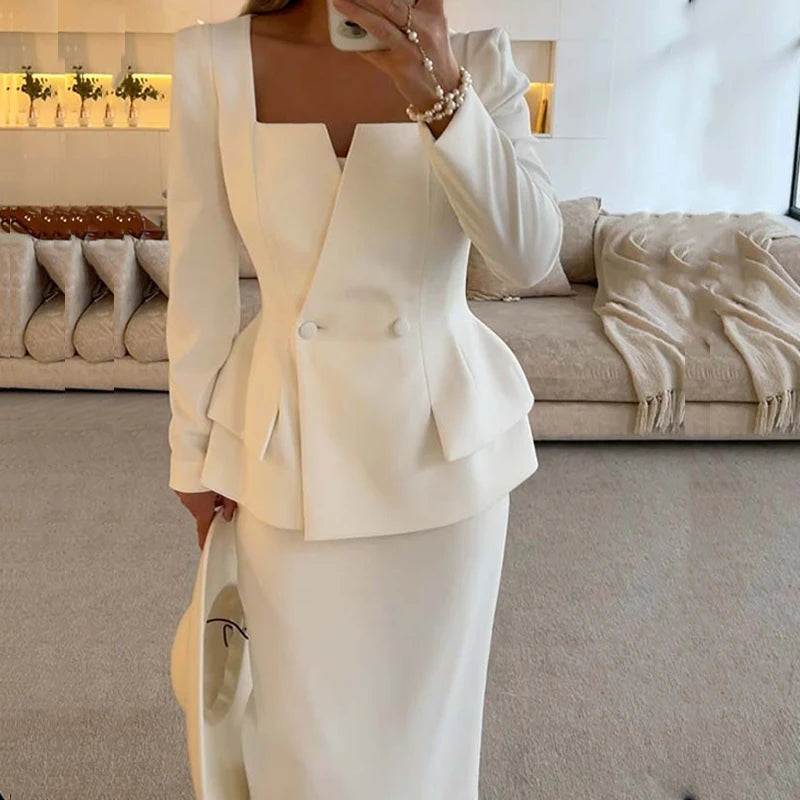 2024 Elegant Square Collar Long Sleeve Blazer&Long Skirts Suit Women