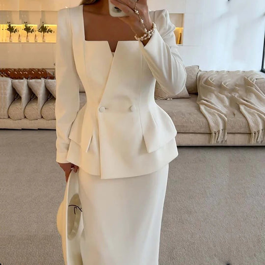 2024 Elegant Square Collar Long Sleeve Blazer&Long Skirts Suit Women