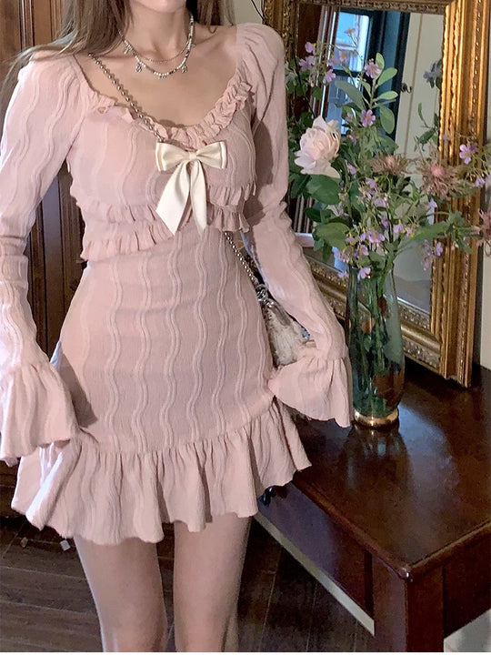 2024 New Pink Sweet Slim Y2k Mini Dress Woman French Elegant Flare