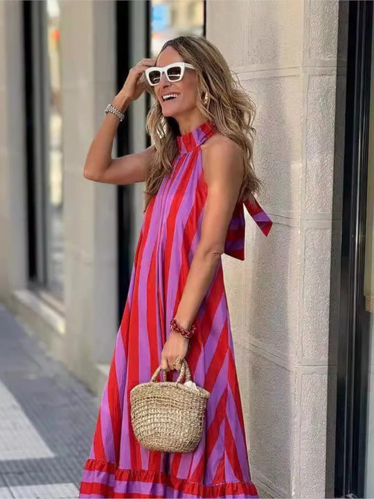 Stripe Print Halter Neck Long Dresses Women Fashion Backless Party