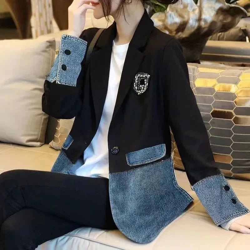 Denim Splice Coat Jacket Women Blazer 2024 Spring And Summer New