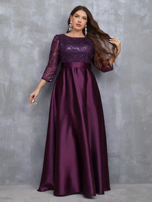 Mgiacy Crew neck long sleeve sequin patchwork satin long gown ball