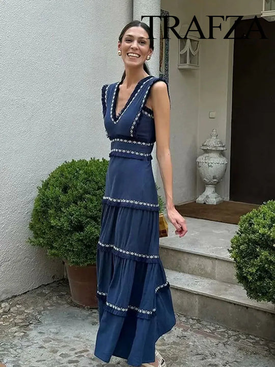 TRAFZA Summer Fashion Women Dresses V-Neck Sleeveless Back Zipper Lace
