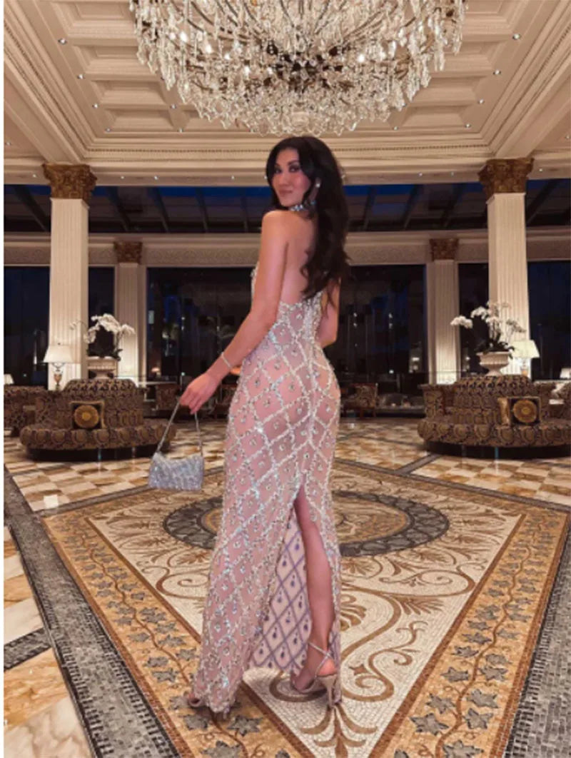 Sparkly Rhinestones Sleeveless Long Dress for Women Elegant Trend Celebrate Evening Wedding Gown Birthday Dresses