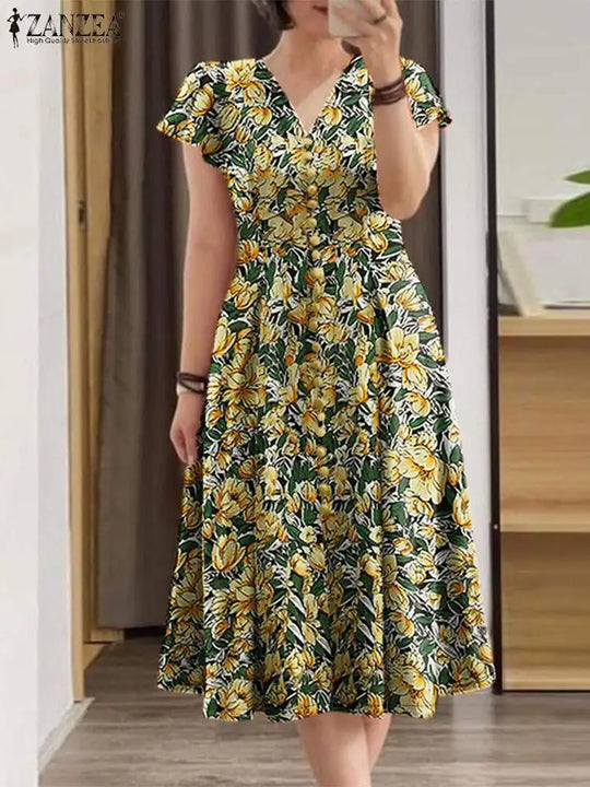 ZANZEA Elegant Women Floral Print Midi Dress Summer 2025 Casual