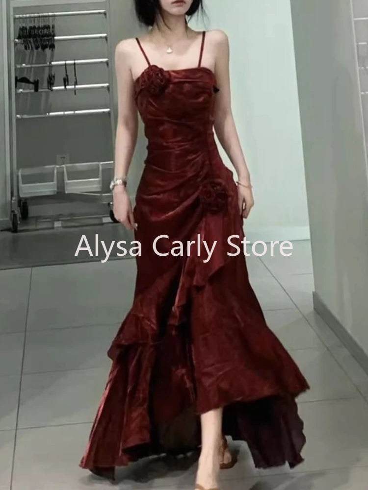 Korean Vintage Velvet Long Dress Women Luxury Slim Mermaid Spaghetti