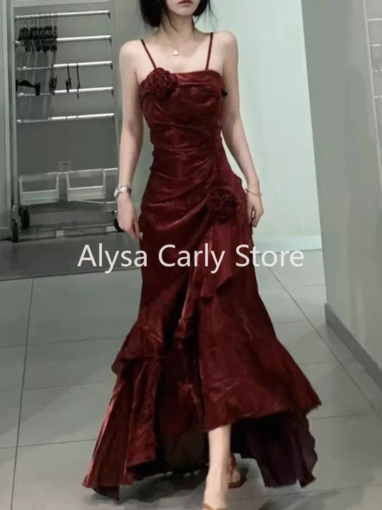 Korean Vintage Velvet Long Dress Women Luxury Slim Mermaid Spaghetti