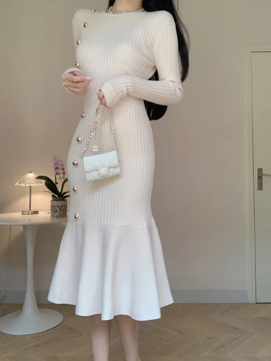 Korean Chic French Knitted Dress Women High Waist Fishtail Dresses