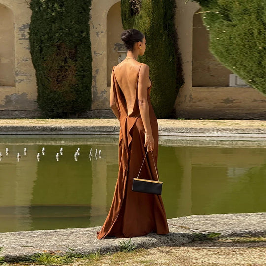 Elegant Split Women' s Dresses Solid Square Collar Backless Sleeveless Long Dress Female 2025 Summer Party Evening Robes