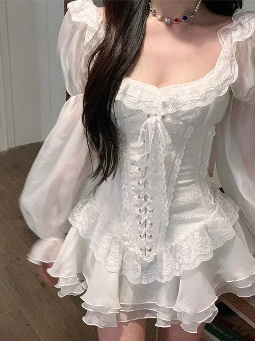 White French Elegant Evening Party Dress Women Casual Sexy Lace Puffed