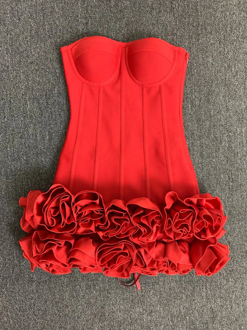 Women Red Evening Bandage Dress Hot Strapless Bodycon Flowers Hem