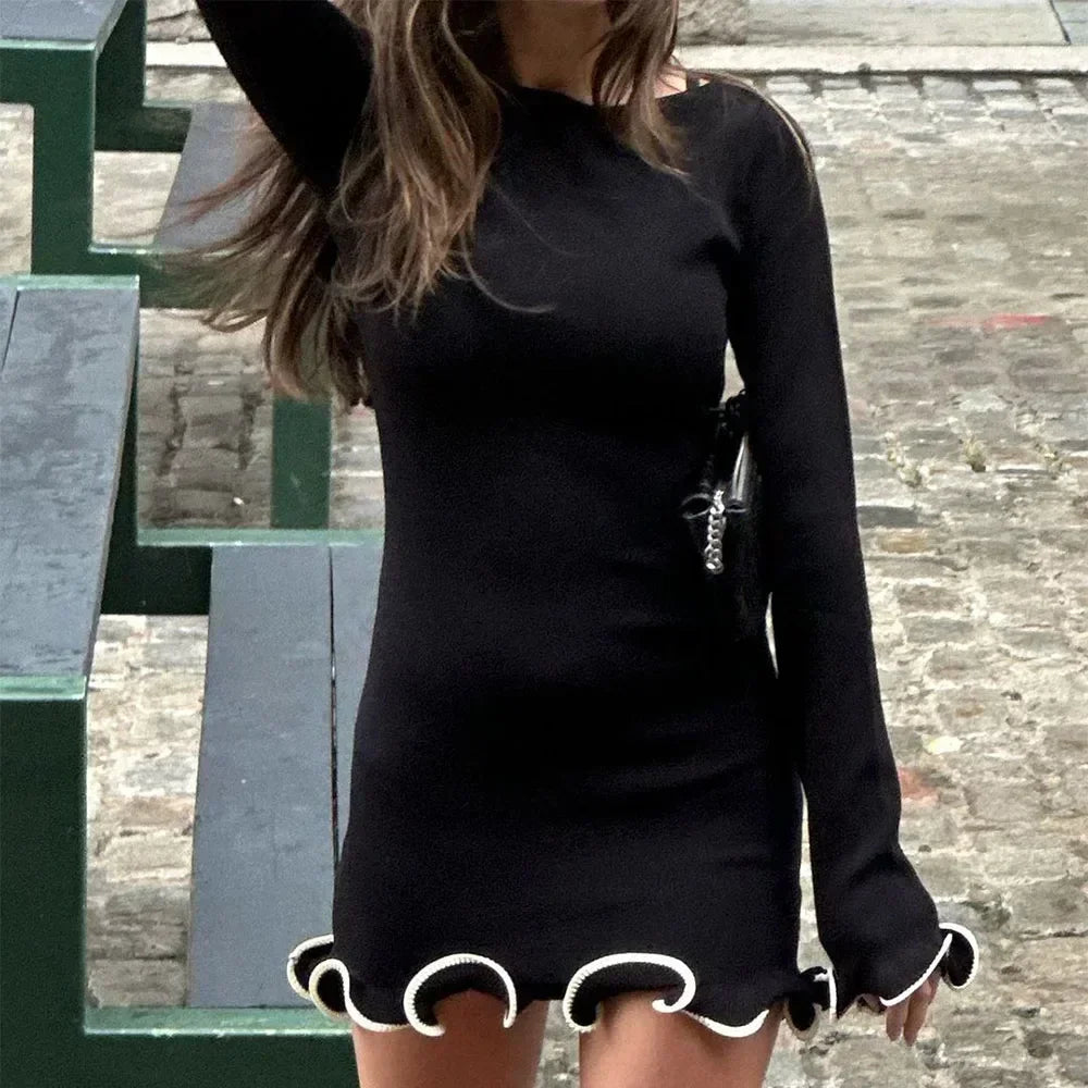 Talenza Black Ruffle High Waist Mini Dress Women's Sexy Slim Long