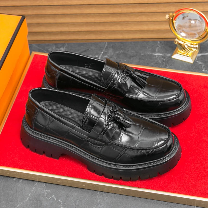 Business Tassel Loafers Shoes Slip on Casual Thick Bottom Leather Black Dress Party Shoes Boat Loafers For Man Fashion Moccasins