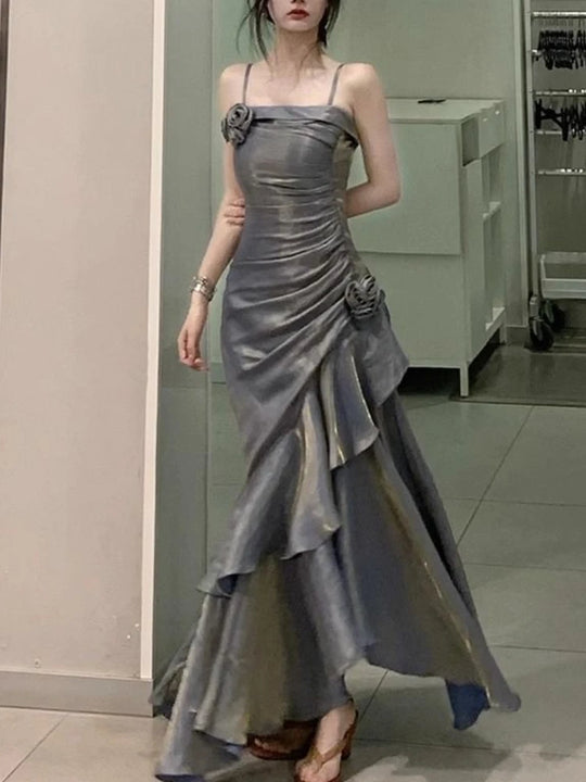 Korean Vintage Velvet Long Dress Women Luxury Slim Mermaid Spaghetti