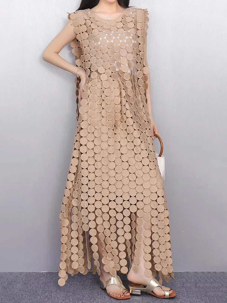 Khaki Hollow Out Tassels T-shirt Half-body Skirt Two Pieces Suit New Round Neck Women Fashion Spring Summer