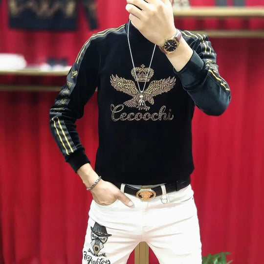Men's Gold Velvet Plus Velvet Thickened Warm Base Shirt Trendy Diamond Webbing Fashion Top