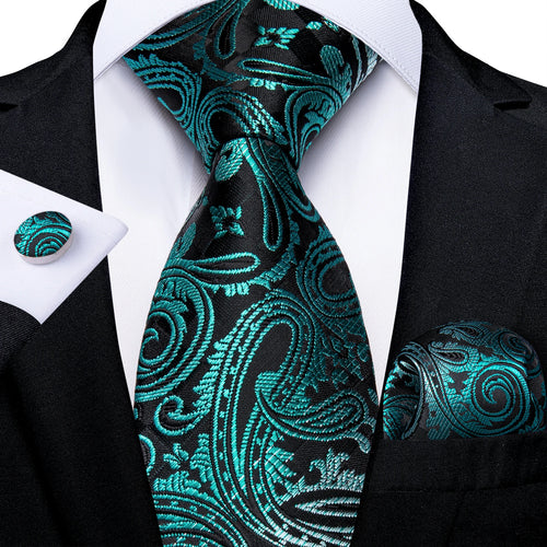 DeBanker Men Necktie Teal Blue Paisley Designer Silk Wedding Tie For