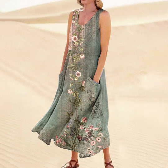 Women's Summer Casual Fashion  Printed Sleeveless Round Neck Pocket Dress