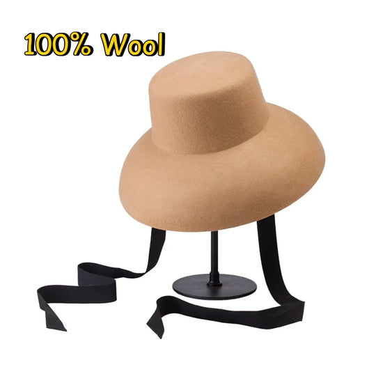 Vintage Elegant Autumn Winter Wool Felt Fedora Hat for Women Flat Top Wide Downturned Brim Hat with Tie Band Church Hat