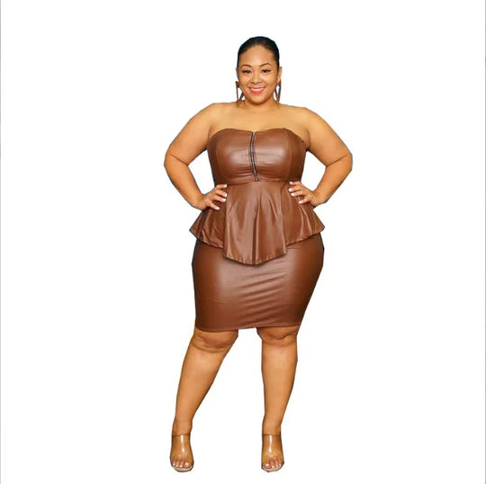 XL-5XL Plus Size Skirt Two Piece Sets Women Clothing Sexy Club PU Tube Top Hip Wrap Sleeveless Bodycon Lady Outfit Dropshipping